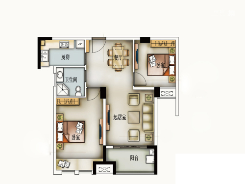橡树城一期31-34#标准层I02户型-2室2厅1卫1厨建筑面积80.00平米