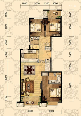 龙之梦·畅园B-1户型-3室2厅2卫1厨建筑面积147.28平米