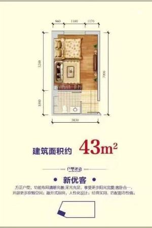 昂展公园里公寓“新优客”户型-1室1厅1卫1厨建筑面积43.00平米