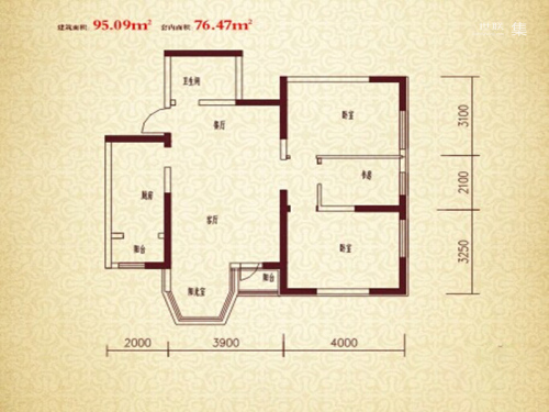 珠江新城二期G户型-3室2厅1卫1厨建筑面积95.09平米