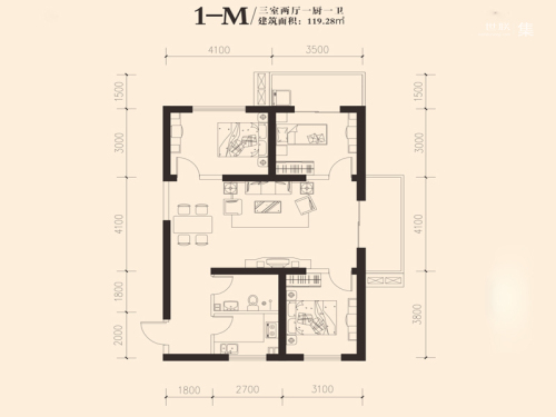 东岸阳光1-M户型-3室2厅1卫1厨建筑面积119.28平米