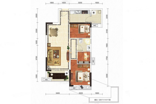 广物锦绣东方3室2厅1卫1厨建筑面积77.00平米