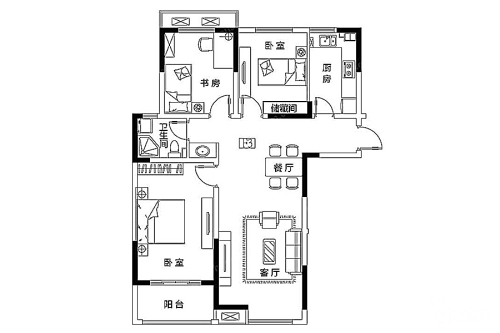 紫晶未来城一期1-10号楼标准层F3户型-3室2厅1卫1厨建筑面积125.00平米