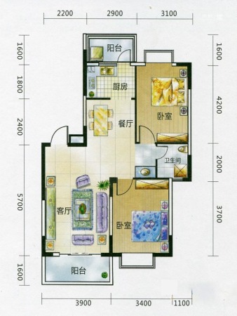 艺海苑E2户型-2室2厅1卫1厨建筑面积87.94平米