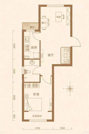 汇锦香槟湾10#A户型-1室2厅1卫1厨建筑面积61.80平米