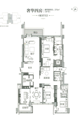 德基世贸壹号二期C幢平层标准层B户型-4室3厅3卫1厨建筑面积275.00平米