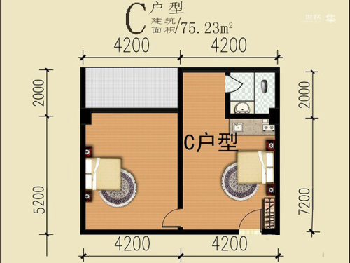 中山壹号广场C户型75.23平户型-2室0厅1卫1厨建筑面积75.23平米