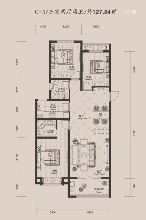 瀚林甲第2号楼c-1户型-3室2厅2卫1厨建筑面积127.84平米