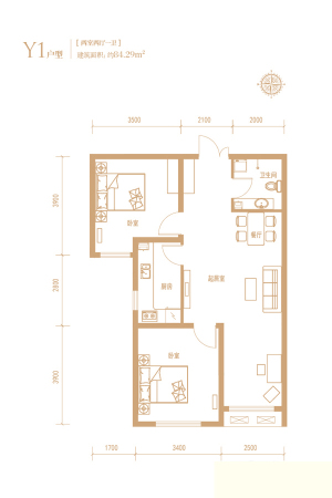国仕山D2-1#Y1户型-2室2厅1卫1厨建筑面积84.29平米