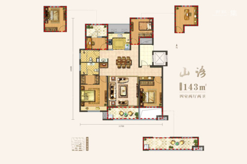 中南·樾府山语户型143平-4室2厅2卫1厨建筑面积143.00平米