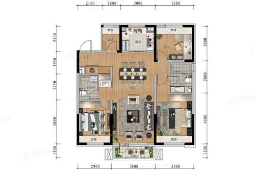 信达万科城G12#高层东边E户型-3室2厅2卫1厨建筑面积120.00平米