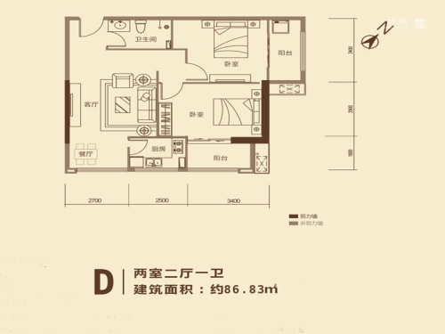 京都国际3号楼D户型86.83平-2室2厅1卫1厨建筑面积86.83平米