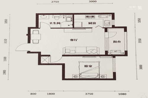 汇邦·克莱枫丹59㎡户型-1室1厅1卫1厨建筑面积59.00平米