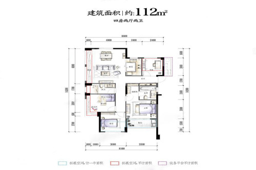 华夏四季高层E1户型112方-4室2厅2卫1厨建筑面积112.00平米