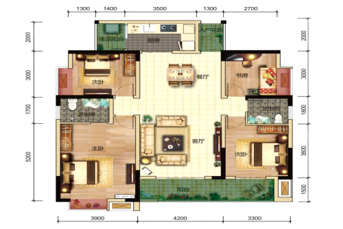 汇景新城5#标准层I1户型-4室2厅2卫1厨建筑面积136.32平米
