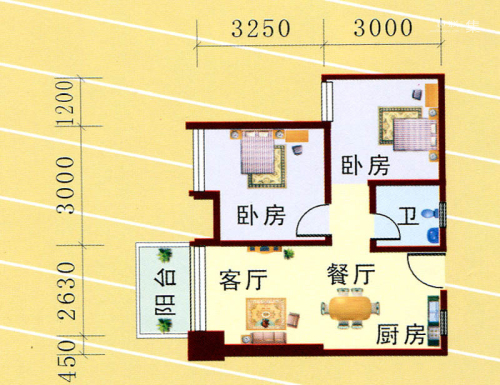 创基大厦一期1号楼B7户型-2室2厅1卫1厨建筑面积57.34平米
