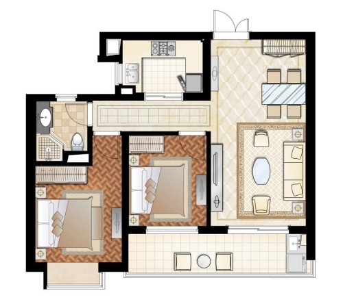 新湖青蓝国际85㎡2房户型-2室2厅1卫1厨建筑面积85.00平米