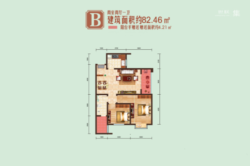 亿润·锦悦汇4#B户型-2室2厅1卫1厨建筑面积82.46平米