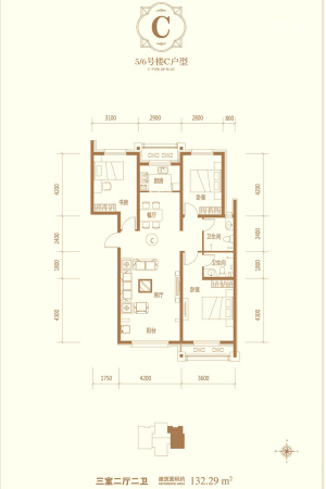 天海容天下5#6#标准层C户型-3室2厅2卫1厨建筑面积132.29平米