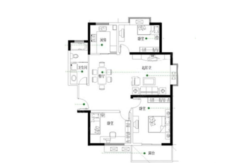 浦泰和天下一期20#标准层D户型-3室2厅1卫1厨建筑面积115.00平米