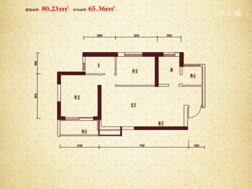 珠江新城二期B户型-2室2厅1卫1厨建筑面积80.23平米