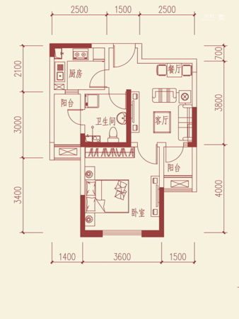 鲁班·尚品B2户型-1室2厅1卫1厨建筑面积53.53平米