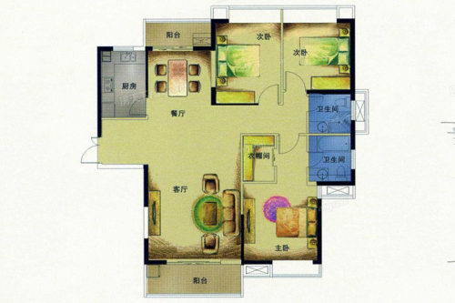 骏景华庭一期2#标准层C3户型-3室2厅2卫1厨建筑面积135.78平米