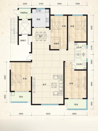 鑫界9号院5#标准层A户型-4室2厅2卫1厨建筑面积220.00平米