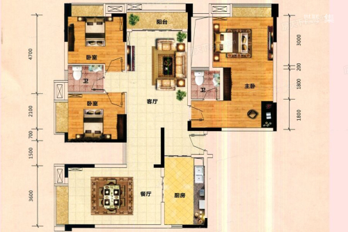 星海名城三期19#02单元A户型-3室2厅2卫1厨建筑面积145.41平米