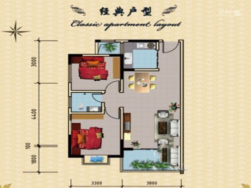 汇联·海湾明珠二期A1户型-2室2厅1卫1厨建筑面积75.05平米