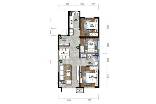 保利海德公园高层A1户型-3室2厅1卫1厨建筑面积97.00平米