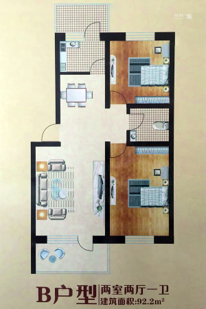 北高新城B户型-2室2厅1卫1厨建筑面积92.20平米