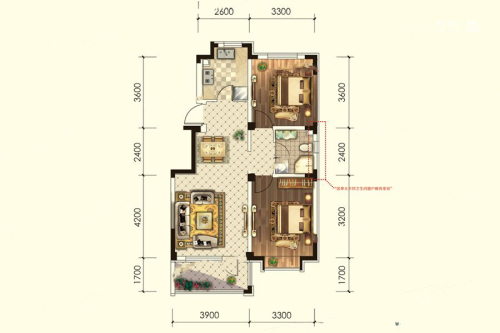 华海·蓝境Y9A户型-2室2厅1卫1厨建筑面积88.29平米