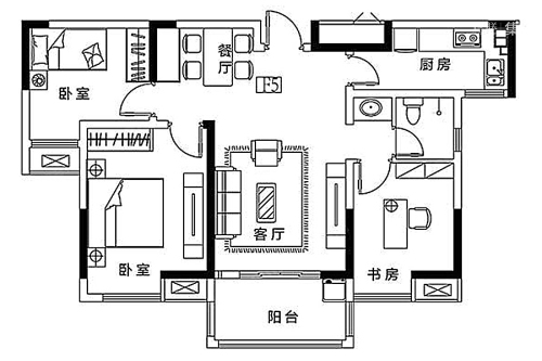 紫晶未来城一期1-10号楼标准层F5户型-3室2厅1卫1厨建筑面积97.00平米