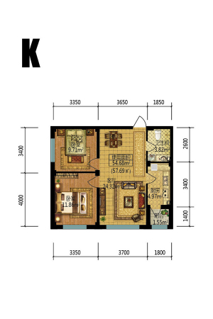 梧桐郡K户型-2室1厅1卫1厨建筑面积75.14平米