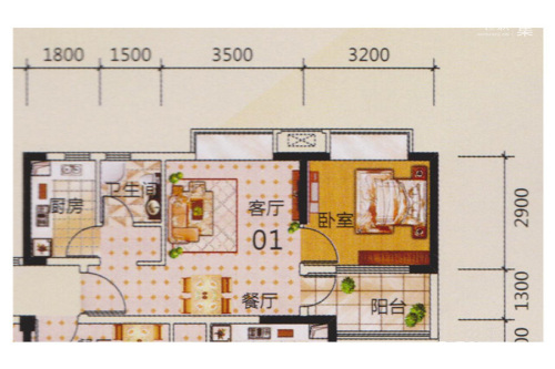 尚城三期21区2幢01户型-21区2幢01户型-1室2厅1卫1厨建筑面积51.00平米