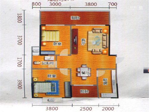 桐洋新城二期37#38#H3户型-2室2厅1卫1厨建筑面积100.75平米
