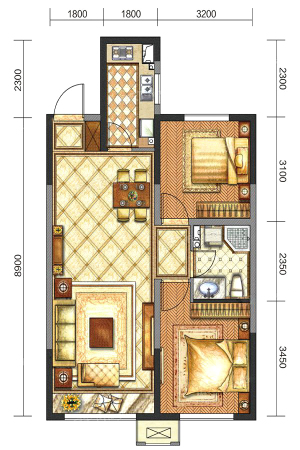 龙湖西府原著B3户型-B3户型-2室2厅1卫1厨建筑面积85.00平米