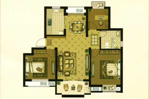海湾名悦豪庭A2户型-3室2厅1卫1厨建筑面积93.00平米