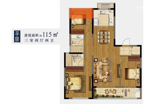 龙湖春江郦城D地块115平户型-3室2厅2卫1厨建筑面积115.00平米