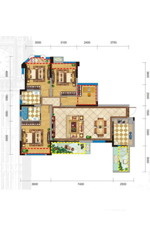格林城标准层G2户型-4室2厅2卫1厨建筑面积118.50平米