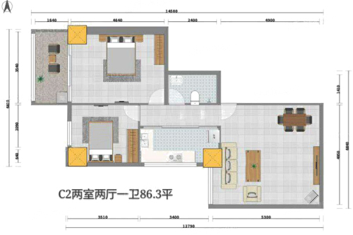 西安昆明城市花园86.3平户型-2室2厅1卫1厨建筑面积86.30平米