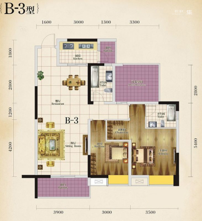 桂湖名城2期一期2、4、6号楼标准层B3户型-2室2厅2卫1厨建筑面积110.82平米