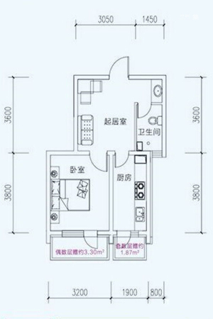 海伦堡C座C户型47平-1室1厅1卫1厨建筑面积47.00平米