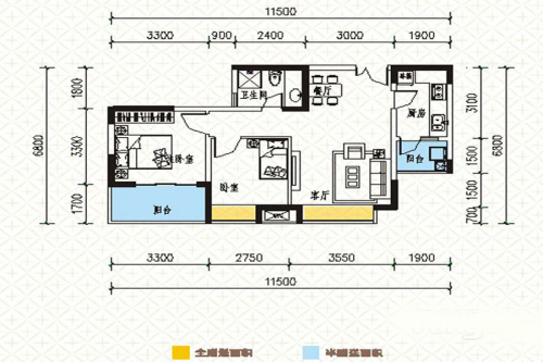 西财学府憬城一期55号楼标准层E4户型-2室2厅1卫1厨建筑面积69.04平米