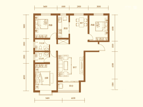 地润新城标准层B-1户型-3室2厅2卫1厨建筑面积132.61平米