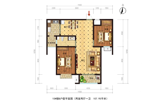 丽阳小区10#B户型-2室2厅1卫1厨建筑面积107.95平米