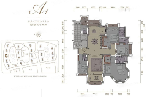 富春山居天玉台3号楼A1户型标准层-4室2厅4卫1厨建筑面积410.00平米