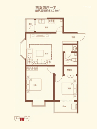 溪园5#标准层A2户型-2室2厅1卫1厨建筑面积83.23平米