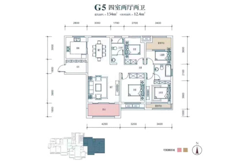 枫林·九溪G5户型-4室2厅2卫1厨建筑面积134.00平米